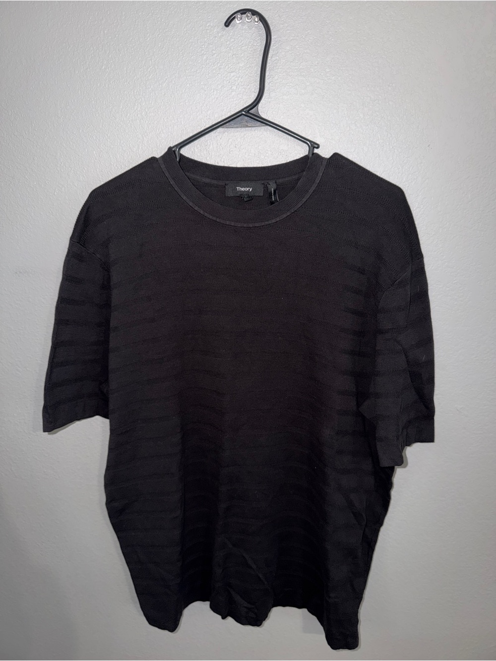 Theory Men's Black Short-Sleeve Knit Tee with Subtle Stripe Texture